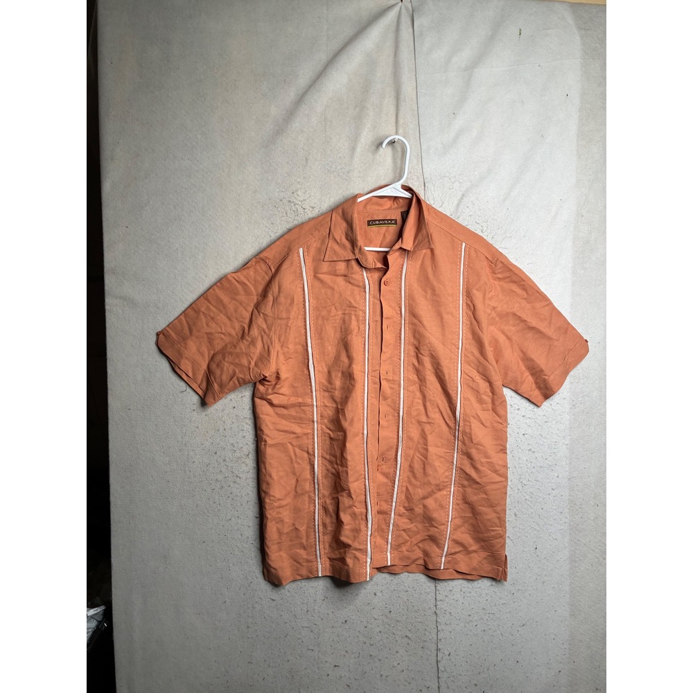 Cubavera Mens Large Orange Linen Blend Short Sleeve Guayabera Style Button Shirt